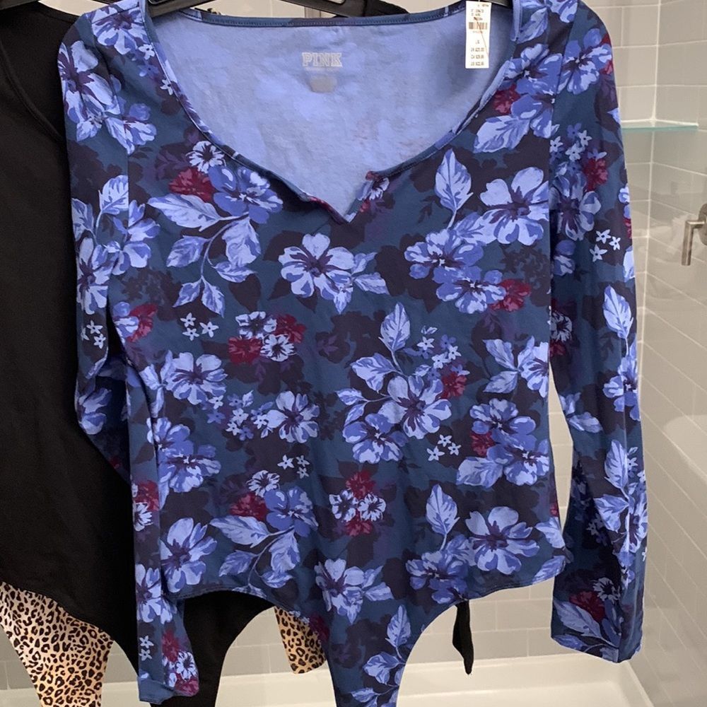 NWT VS PINK Floral Blue/Burgundy Bodysuit